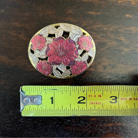 Fish and Crown Oval Gold Tone Cloisonne Floral Brooch with Cutouts - Picture 2 of 5